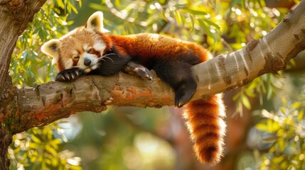 Portrait of red panda Ailurus on tree in wild forest