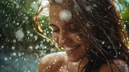 Close up of a girl dancing in the rain on a summer day
