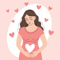 Beautiful pregnant woman puts her hands on her stomach.Maternity,parenthood,,future mother.Flat vector illustration