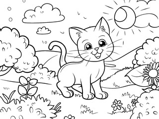 Cheerful kitten playing in the garden, coloring book style. Raster, generative ai.
