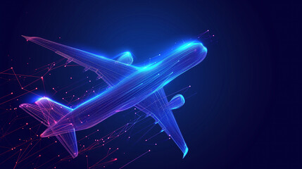3d Digital neon futuristic airplane. Future aviation, modern technology, air transport concept, travel concept Low poly blue wireframe.