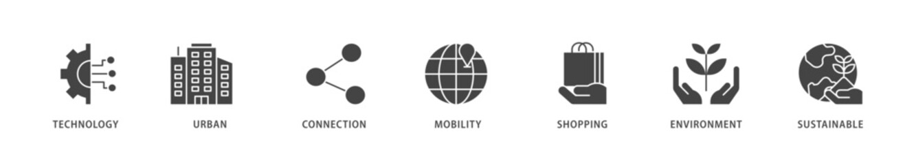 Smart city icons set collection illustration of technology, urban, connection, mobility, shopping, environment and sustainable icon live stroke and easy to edit 