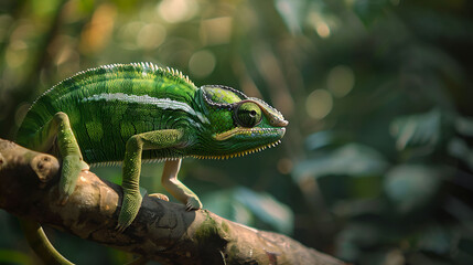 Fototapeta premium A close-up of a vibrant green chameleon perched on a textured branch, with a blurred forest backdrop providing generous copy space