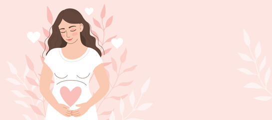 Beautiful pregnant woman puts her hands on her stomach.Maternity,parenthood,,future mother.Banner with space for text.Flat vector illustration