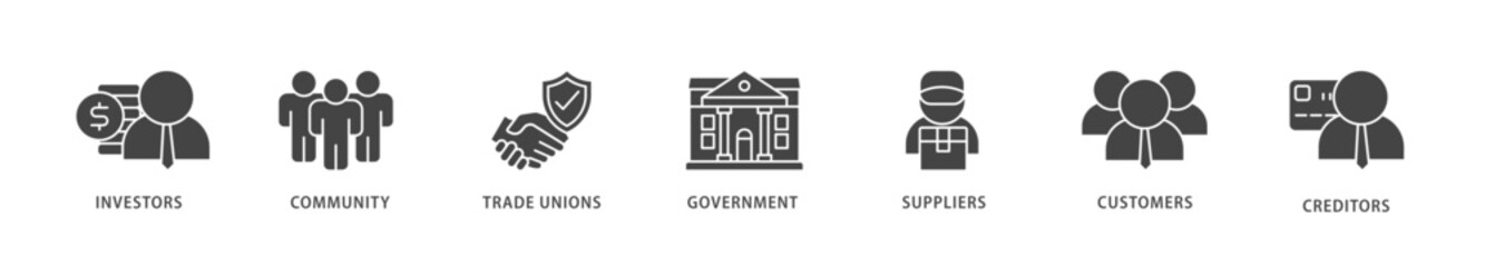 Stakeholder icons set collection illustration of community, trade unions, suppliers, and customers icon live stroke and easy to edit 