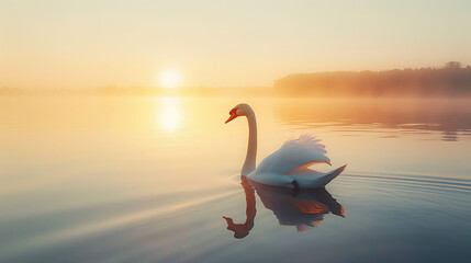  A serene image of a majestic white swan gliding across a calm lake at dawn, with ample copy space...