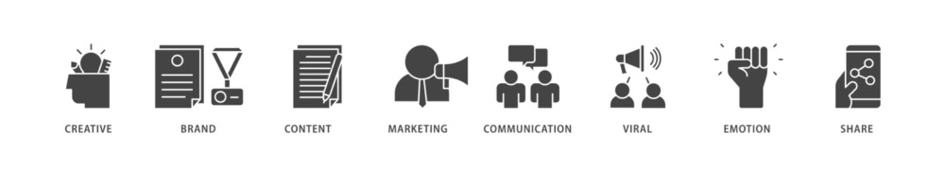 Storytelling icons set collection illustration of creative, brand, content, marketing, communication, viral, emotion, and share icon live stroke and easy to edit 