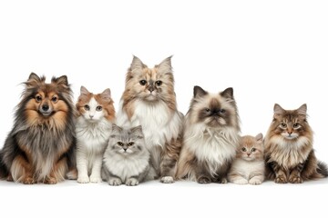 Various cats and dogs in studio on white background, high quality image with copy space