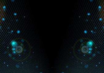 Abstract blue black background with lines and shiny bokeh lights. Vector design