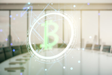 Double exposure of creative Bitcoin symbol hologram on a modern meeting room background. Cryptocurrency concept
