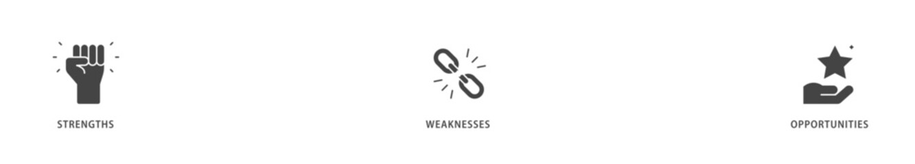 SWOT icons set collection illustration of value, goal, break chain, low battery, growth, check, minus, and crisis icon live stroke and easy to edit 