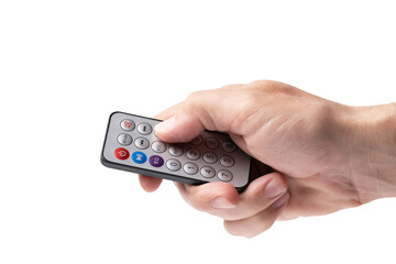 Man hand holding a remote control isolated white background.