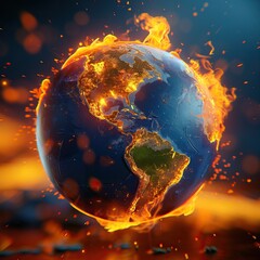 planet on fire. The planet is surrounded by flames. The image is a warning about the dangers of climate change.