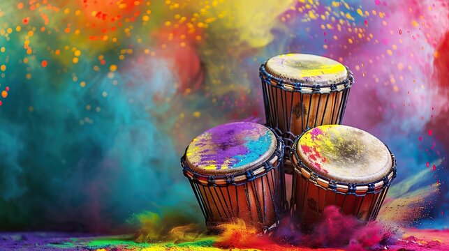 Isolated drum with colorful paint powder. World music day banner