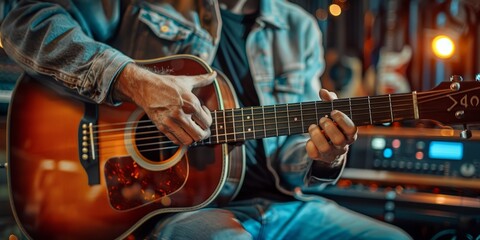 Obraz premium Musician recording acoustic guitar in studio