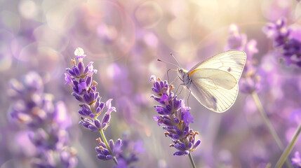  A tranquil image of a butterfly resting on a lavender flower, with a soft, out-of-focus meadow...