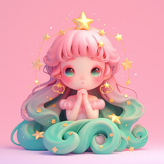A cartoon girl with long green hair and a star on her head. She is sitting on a bed with stars all around her