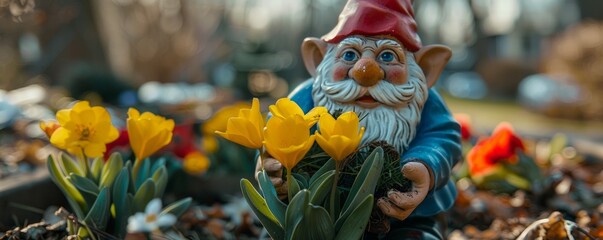 Garden gnome with long white beard planting Spring flowers.