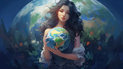 Naklejka premium young woman hugging planet earth, love and protection for the earth 
