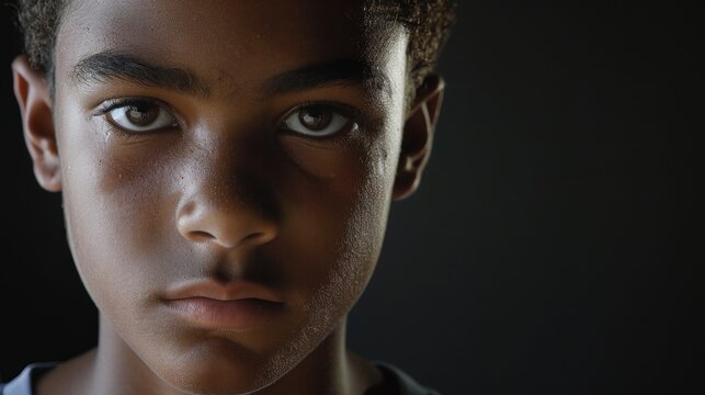 Intense Young Boy with Piercing Gaze in Low Key Light