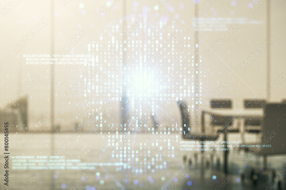 Poster abstract virtual code skull hologram on a modern coworking room background, cybercrime and hacking c