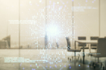 Abstract virtual code skull hologram on a modern coworking room background, cybercrime and hacking...
