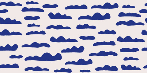 Seamless background with white clouds on blue sky. Overcast pattern. Vector illustration. Cartoon weather wallpaper.
