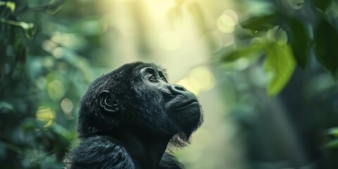 Fototapeta premium A thoughtful mountain gorilla gazes upwards its profile accentuated by the soft natural light filtering through Bwindi Forest