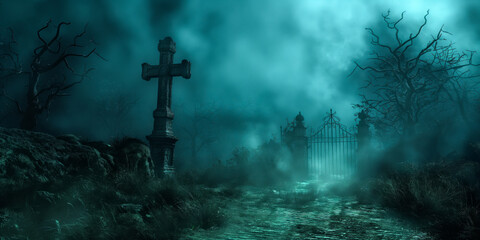 Naklejka premium Ghostly Cross and Gate in Fog. World goth day.