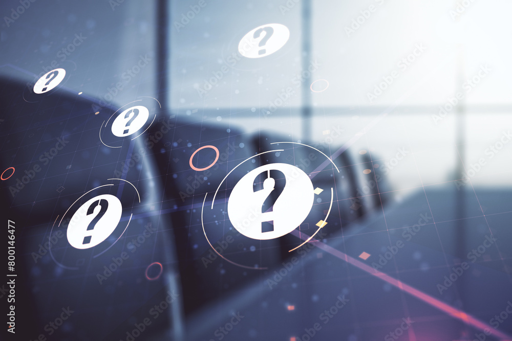 Aufkleber Abstract virtual question mark illustration on a modern conference room background. FAQ and search concept. Multiexposure