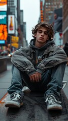 Obraz premium Male teenager resting after skateboarding in city