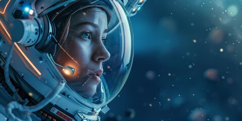 A futuristic astronaut wearing an advanced helmet with integrated digital displays gazes intently into the distance. Deep blue hues set an atmospheric tone.