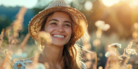 Smiling woman enjoying weekend getaway in sunlit setting