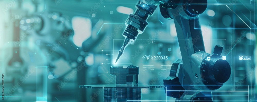 Poster advanced robotics technology at work in a futuristic industrial setting