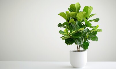 Drooping fiddle-leaf fig houseplant in a white pot, sick and cold-damaged, against a white background