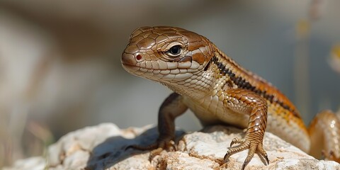 Fototapeta premium Close-up of an Olive tree skink on a rock