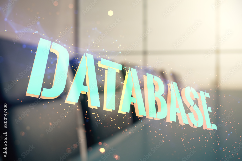 Poster double exposure of database word sign on a modern conference room background, global research and an