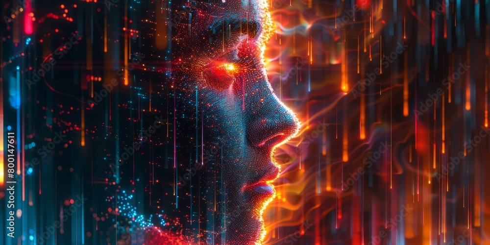 Poster human face composed of vibrant and mosaic-like digital pixels, set against a backdrop of glowing dig