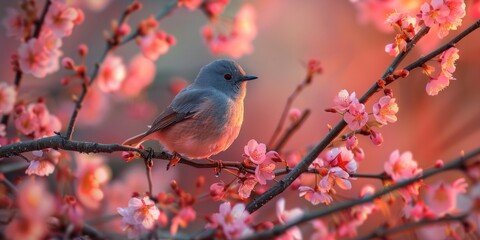Obraz premium loseup of A solitary bird is nestled amidst cherry blossoms, with the twilight hues casting a serene glow