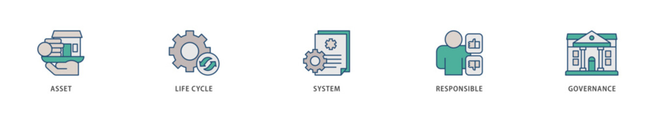 Asset management icons set collection illustration of asset, life cycle, system, responsible and governance icon live stroke and easy to edit 