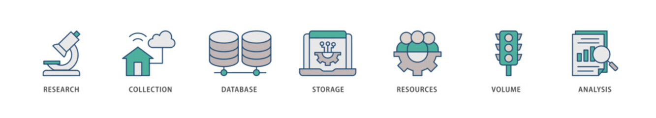 Big data icons set collection illustration of research, collection, database, storage, resources, volume and analysis icon live stroke and easy to edit 