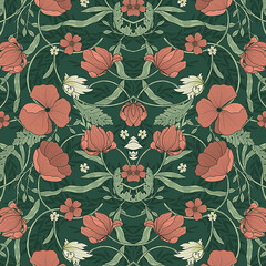 William and Morris seamless floral pattern design, textile pattern design, red flowers, green...
