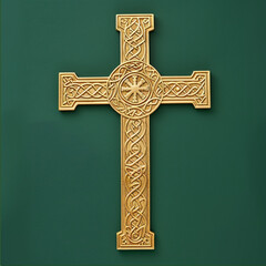 a gold celtic cross on a green background