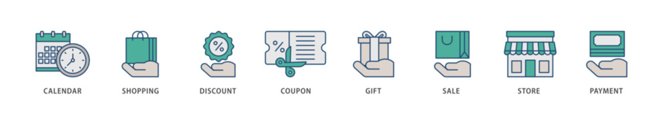 Black friday icons set collection illustration of calendar, shopping, discount, coupon, gift, sale, store, payment icon live stroke and easy to edit 