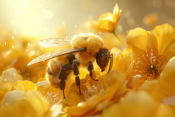 Illustration of a fluffy bee with transparent wings collecting flower pollen against a bright yellow background, 3d, illustration