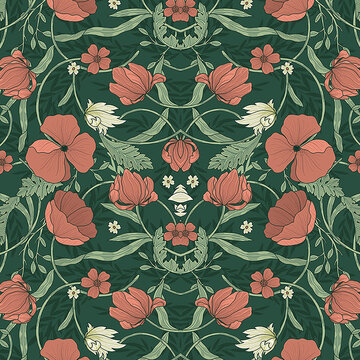 William and Morris seamless floral pattern design, textile pattern design, red flowers, green background.