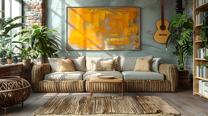 Yellow painting and lamp in modern living room interior with grey corner sofa.