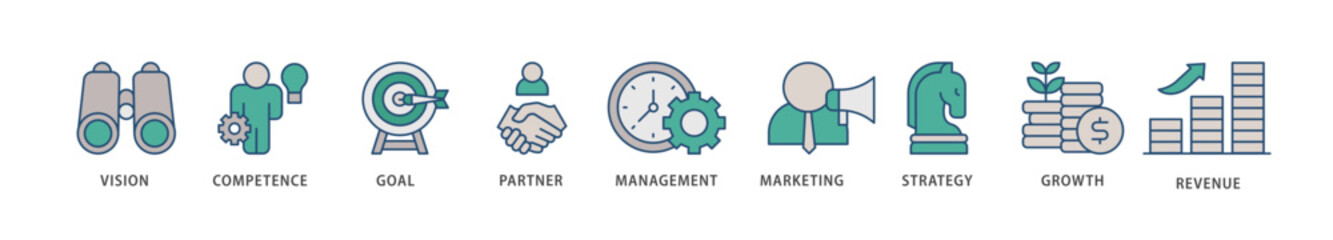 Business model icons set collection illustration of vision, competence, partner, management, marketing, strategy, growth and revenue icon live stroke and easy to edit 