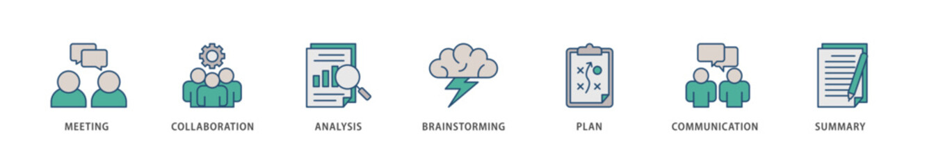 Brief icons set collection illustration of meeting, collaboration, analysis, brainstorming, plan, communication, and summary icon live stroke and easy to edit 