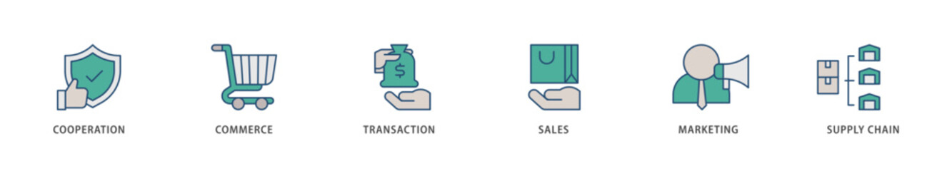 Business to business icons set collection illustration of cooperation, commerce, transaction, sales, marketing, supply chain icon live stroke and easy to edit 